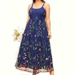 U Neck Floral Embroidered Mesh Cami Dress